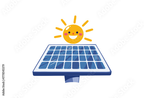 Illustration of a Smiling Sun Above a Cartoon Solar Panel Representing Clean Energy and Sustainable Power for a Bright and Eco-Friendly Future