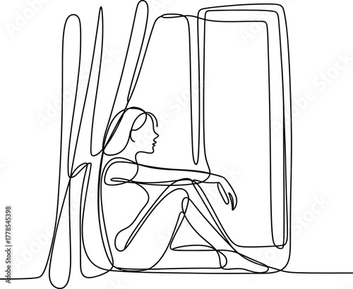 Continuous Line Drawing of a Woman Sitting by a Window