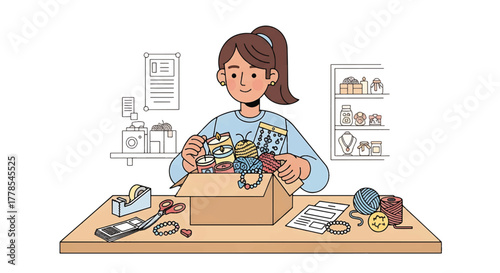 A woman assembling a toy robot from a cardboard box on a cluttered worktable with various tools and parts.