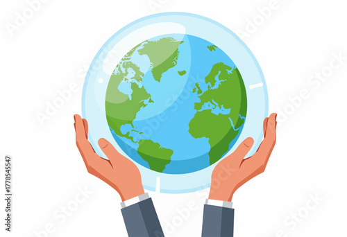 Illustration of Protective Human Hands Cradling a Transparent Globe Representing Global Conservation and Environmental Stewardship