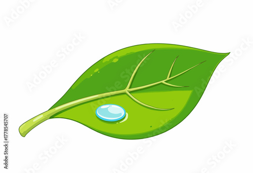 Illustration of a vibrant green leaf featuring a glistening water droplet, showcasing intricate texture and natural symmetry on a simple white background