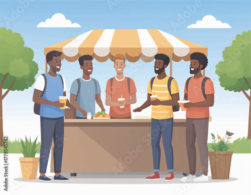 Illustration of a group of young adults socializing and eating at an outdoor food stand with a striped canopy