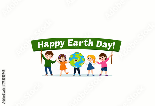 Joyful Illustration of Children Celebrating Earth Day with a Vibrant Globe and a Festive Banner Promoting Environmental Awareness and Global Unity
