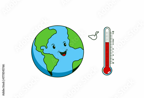 Illustration of Happy Planet Earth and Rising Thermometer Indicating Global Warming and Environmental Changes with Cartoon Elements
