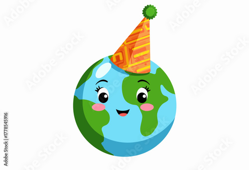 Illustration of a Smiling Earth Wearing a Festive Cone Party Hat with Happy Facial Expression and Blushing Cheeks on a White Background
