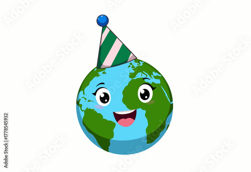 Cheerful and Cartoonish Earth Wearing a Festive Party Hat with a Smile Expressing Celebration and Happiness on a White Background