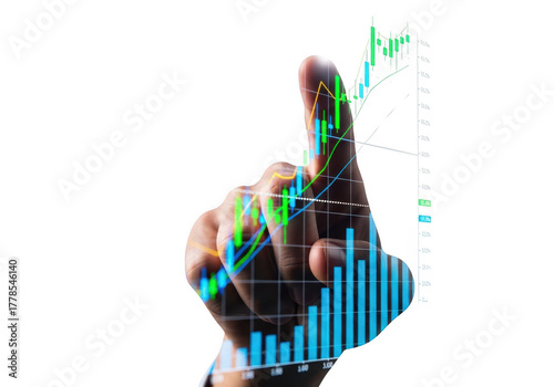 Human hand with financial data overlay isolated on transparent background