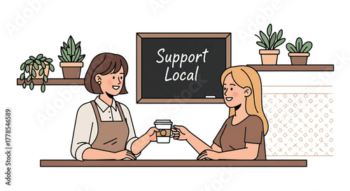 Illustration of a woman handing a coffee cup to another woman behind a counter with a Support Local sign and plants in the background.