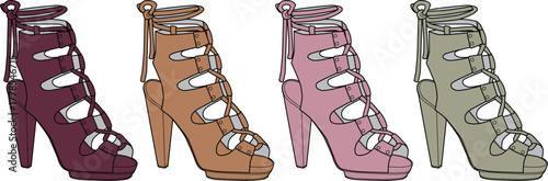 Four Pairs of High-Heeled Women's Shoes Fashionable Footwear in Various Colors for Style