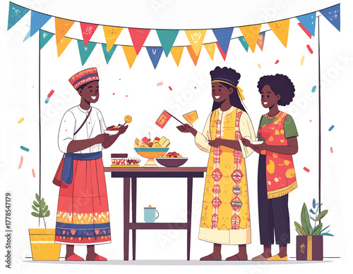Illustration of three people standing and socializing while having food at a party with colorful triangular flags and confetti