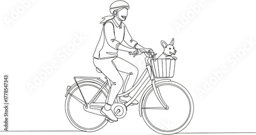 Single line illustration of a person in a helmet riding a bicycle with a dog in the front basket black and white Outline