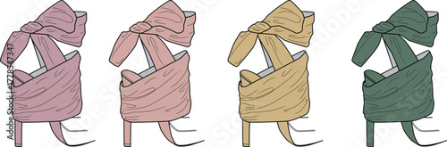 Elegant vector high-heeled sandals, each with stylish fabric bow detail. Featured in diverse pastel colors, ideal for fashion-themed graphic design and feminine lifestyle concepts