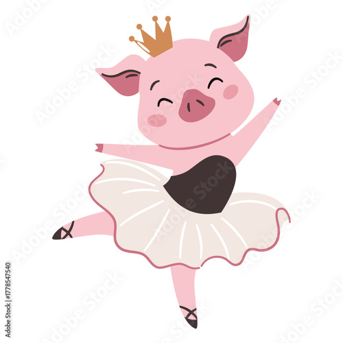 Flat vector illustration in a simple children's style on a white background. A cute pig in a ballet tutu is dancing ballet. . Vector illustration