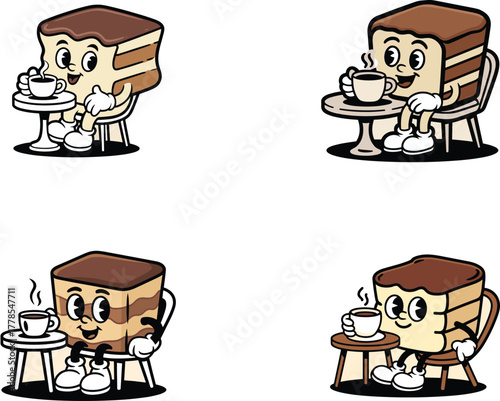 Retro Cartoon Cake Mascot Drinking Coffee at Cafe Table - Vintage Dessert Slice Taking a Break Vector Set