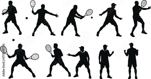 Silhouette tennis player action poses, dynamic racket swing sequence, sports training illustration, athlete movement collection, professional game technique, fitness exercise concept, competitive 