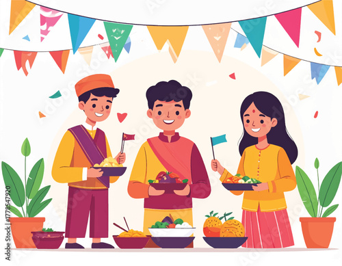 Illustration of three smiling people holding food and flags, surrounded by potted plants and colorful bunting.