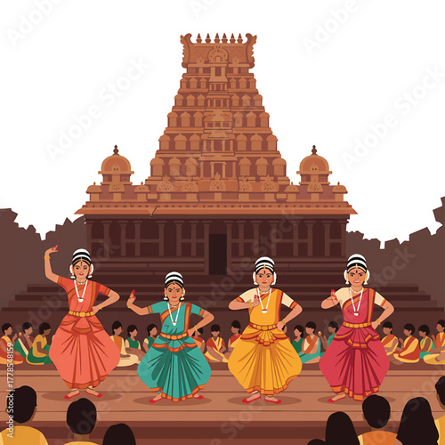 Illustration of traditional Indian dancers performing in front of a temple with an audience