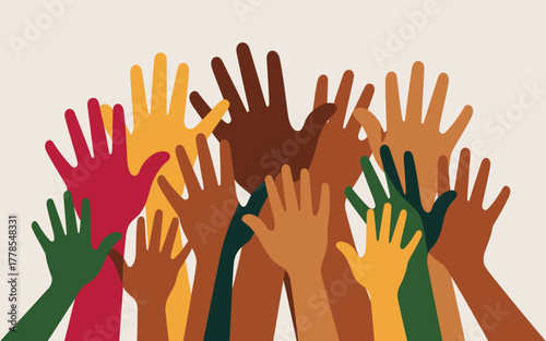 Diverse Hands Reaching Upwards In Various Skin Tones Keywords: diversity, hands, up, reaching