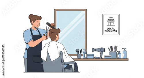 Illustration of a barber cutting a man's hair in a salon with a mirror and tools.