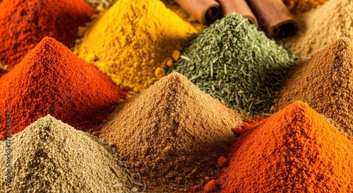 Fototapeta Naklejka Na Ścianę i Meble -  Aromatic spice mountains: A vibrant display of culinary colors and textures for gourmets