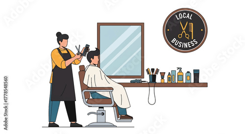 Illustration of a barber cutting a client's hair in a salon with a mirror and various tools on a shelf.