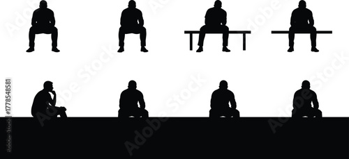 Silhouette people sitting poses, bench seating positions, human posture study, ergonomic illustration, body language concept, casual sitting figures, design reference