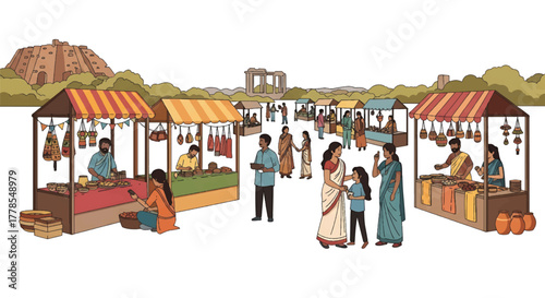 Illustration of people shopping and selling goods at colorful market stalls with a historic building in the background.