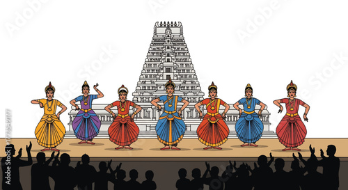 Illustration of six Bharatanatyam dancers performing in traditional attire on a stage with a temple backdrop and an audience.