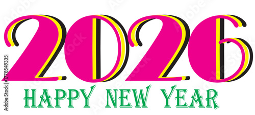 Happy New Year . Vector holiday template. white background. Calligraphy greeting card. Isolated colorful text with frame for Christmas banner, postcard, event invitation.