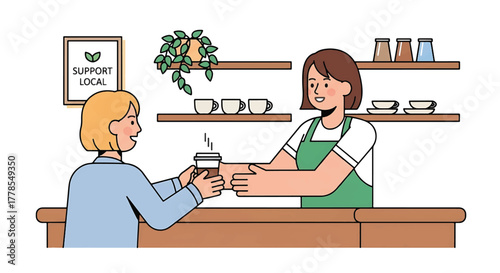 Illustration of a barista handing a cup of coffee to a customer in a cozy cafe with wooden shelves and warm tones.