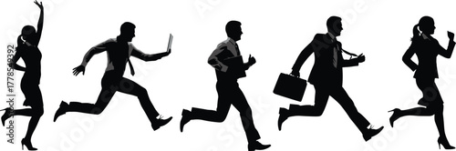 Five running business people silhouettes, male and female figures in dynamic motion, concept of urgency, stress, and fast-paced corporate life, isolated black vector on white background.