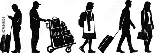 Group of Traveling People Silhouettes, Airport Passengers with Suitcases and Trolley Luggage, Depicting Travel, Vacation, Business Trip, Departure, Arrival, Tourism, and Commuting Concepts.