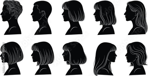 Hair profile silhouettes, diverse hairstyles, male and female heads, haircut variety, black silhouettes, fashion concept, hair texture, vector design, style icons, grooming, anatomy, identity