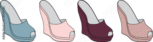 A stylish collection of women's wedge-heeled shoes in a range of pastel and deep colors, perfect for summer fashion and comfortable elegance