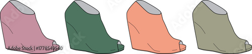 A stylish assortment of women's peep-toe wedge heel booties, showcasing a vibrant color palette concept on a white background