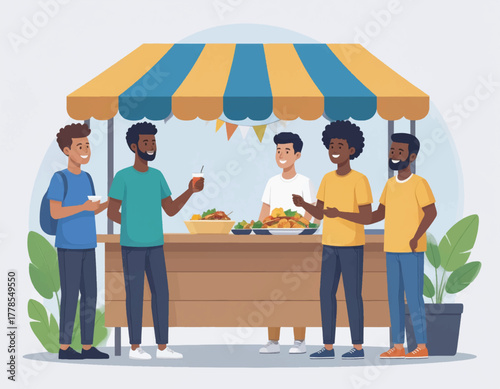 Illustration of diverse group of people socializing and eating at an outdoor food stand with a striped awning