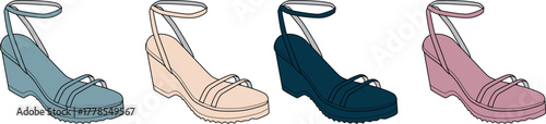 Collection of stylish women's open-toe wedge sandals with ankle straps, a vector fashion illustration set in four different colorways
