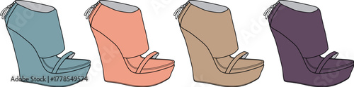A colorful illustrated collection of stylish women's high-heeled wedge sandals, a fashion footwear set in various colors