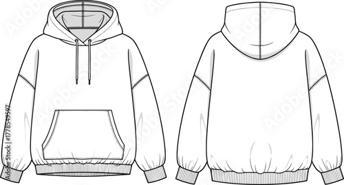 Hooded sweatshirt technical sketch, front and back view, fashion flat illustration, kangaroo pocket hoodie, drawstring hood, ribbed cuffs, garment design template, apparel vector