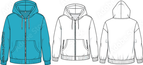 Hoodie design vector set, teal front view, technical sketch front and back, zipper sweatshirt, drawstring hood, kangaroo pocket, fashion flat, garment template