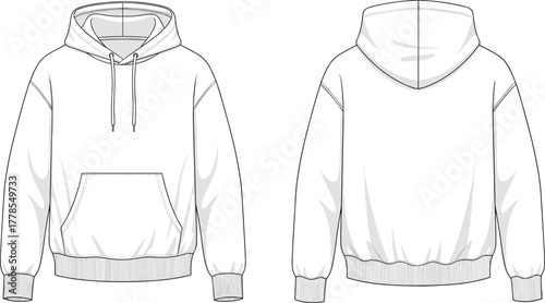 Hooded sweatshirt technical sketch, front and back view, fashion flat vector, kangaroo pocket hoodie, drawstring hood, ribbed cuffs, garment design template