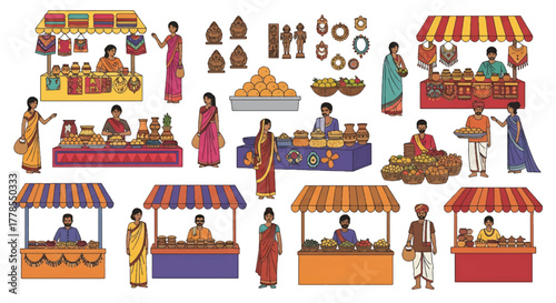 Colorful illustration of people shopping and selling food at various market stalls with striped awnings