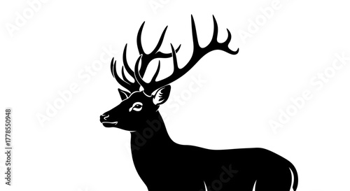 A black and white illustration of a stag with large antlers, facing left, against a white background.