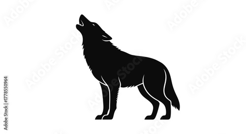Silhouette of a wolf howling, standing on all fours, with its head raised towards the sky, isolated on a white background.