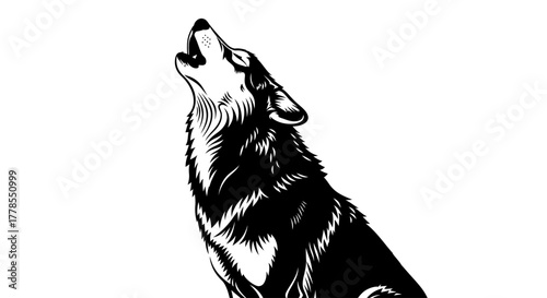 Illustration of a howling wolf in black and white.