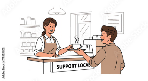 Illustration of a woman handing a cup of coffee to a man at a counter with a sign that reads 'SUPPORT LOCAL'.