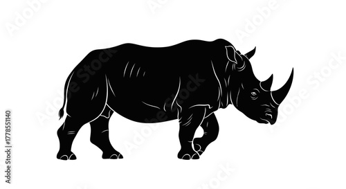 Black and white illustration of a rhinoceros walking on a white background.