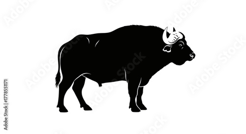 Illustration of a large, black gaur, a type of wild cattle, standing in profile against a white background.