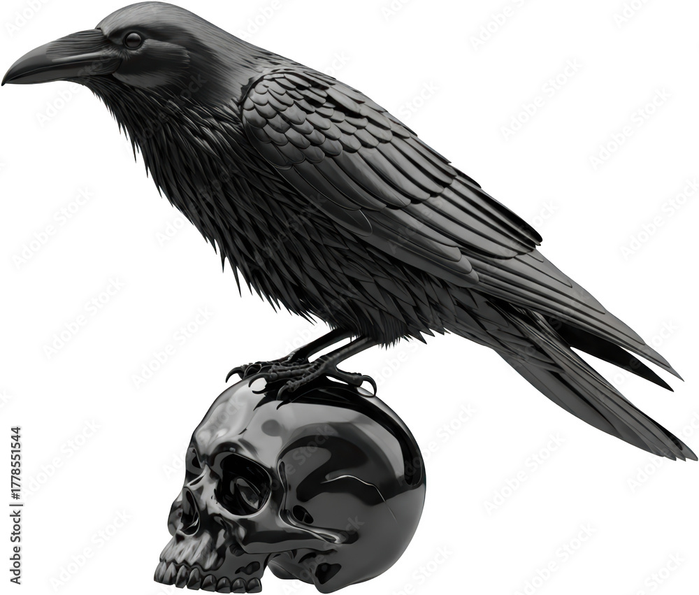 Fototapeta premium Detailed Dark Raven Perched On Shiny Black Skull Isolated Transparent Background Symbolic Representation Of Death Mystery And Intelligence