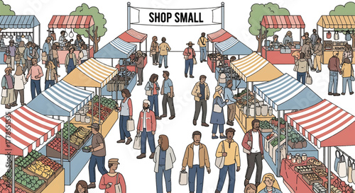 Aerial view of a bustling outdoor market with people shopping and vendors selling produce under colorful striped awnings.